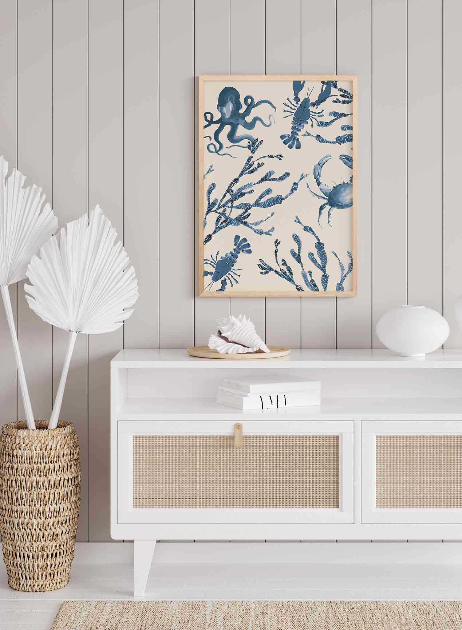 Cool Crustaceans is a minimalist illustration of an octopus, a crab, two lobsters and several dotted corals gathered together by Opposite Wall.