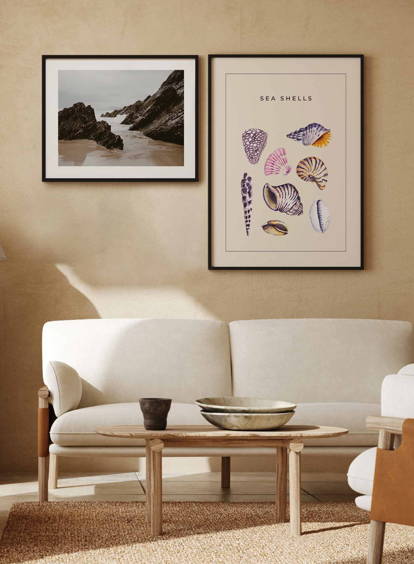 Sally by the Seashore is a minimalist illustration a collection of different types of colourful seashells by Opposite Wall.