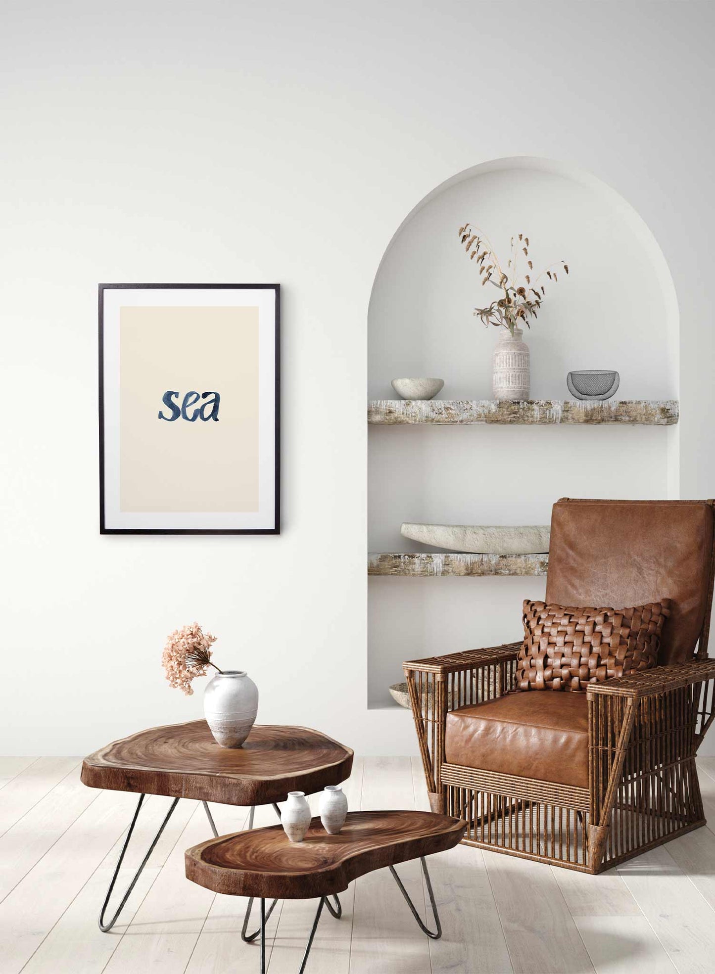 Sea in Beige is a minimalist typography of the word 'sea' written in watercolour by Opposite Wall.