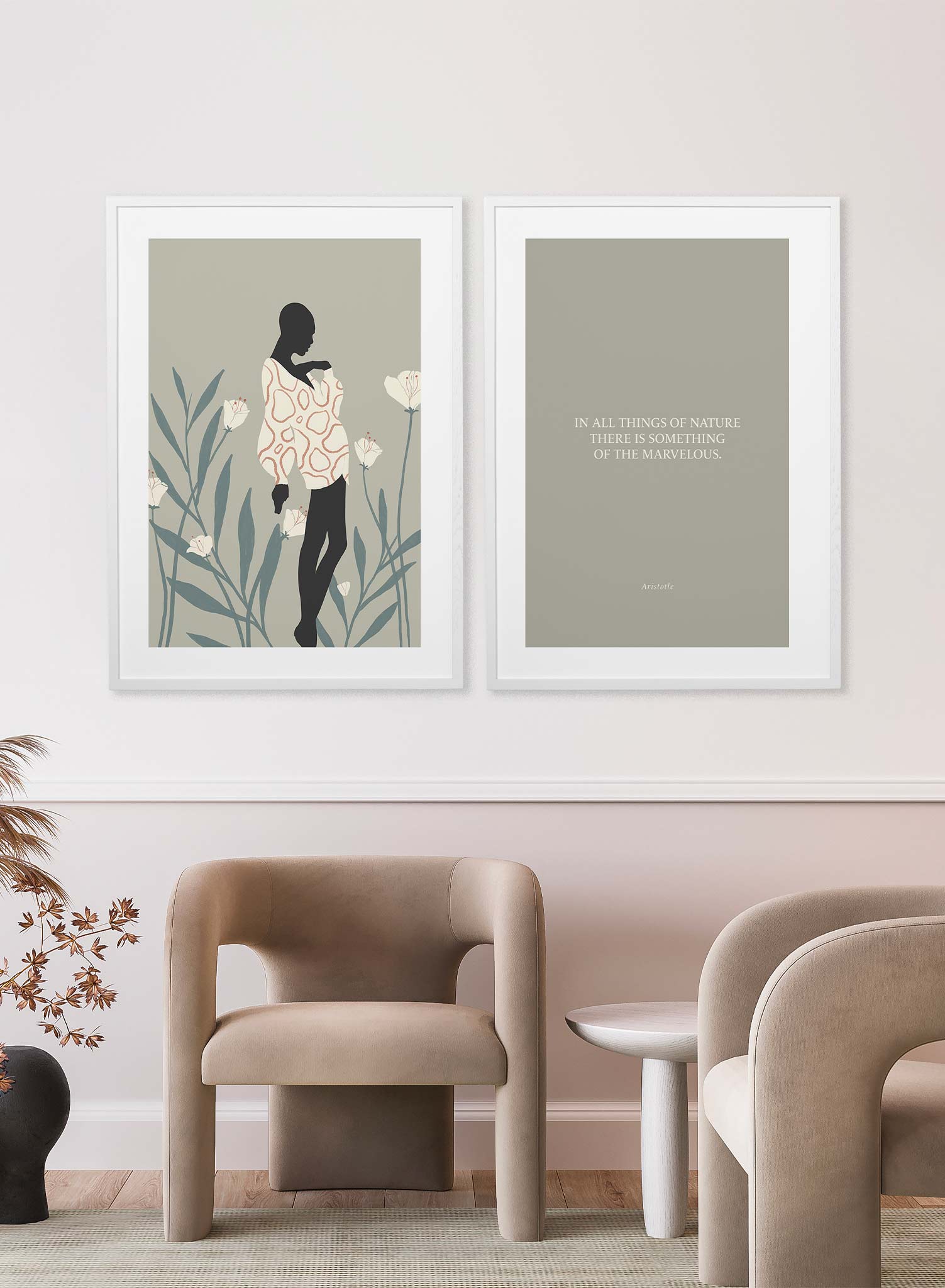 Mudiwa is a minimalist illustration of a beautiful woman wearing a white dress blending in with the white tall flowers in the background by Opposite Wall.