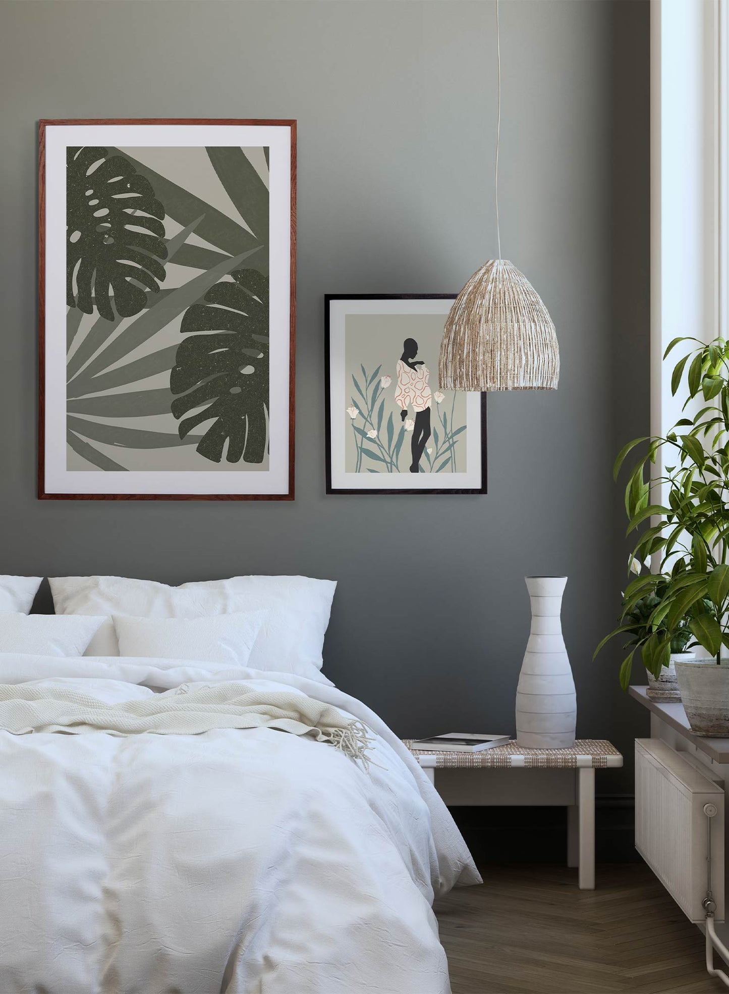 Tropical Garden is a minimalist illustration of a collection of monstera leaves and palm leaves superposed on top of each other by Opposite Wall.