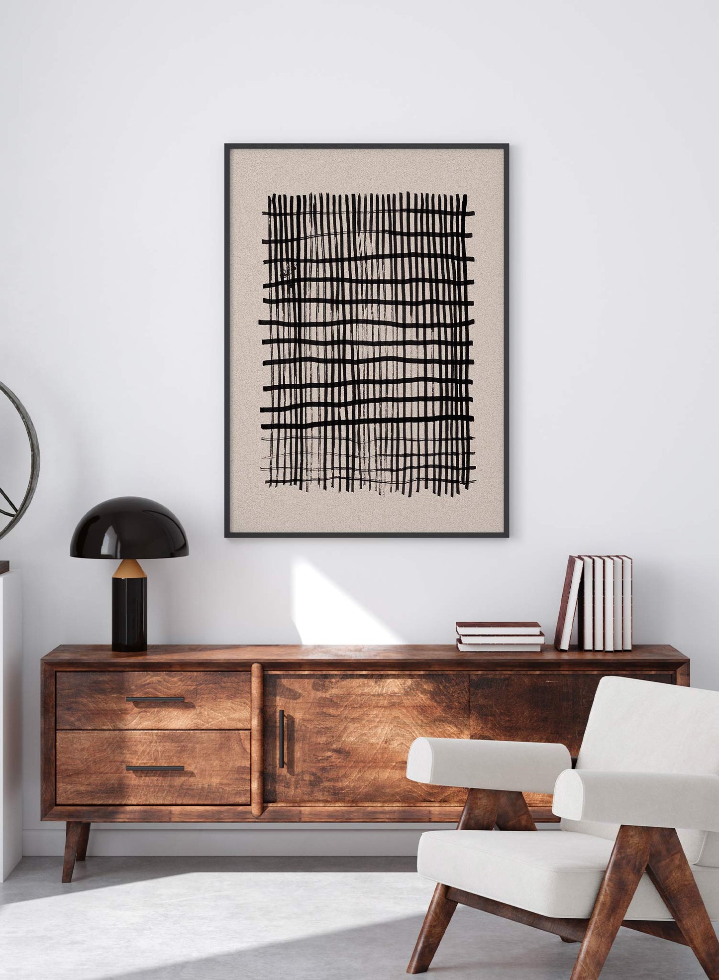 Bamboo Fence is a minimalist abstract illustration of black straight lines crossing each other in opposite directions by Opposite Wall.