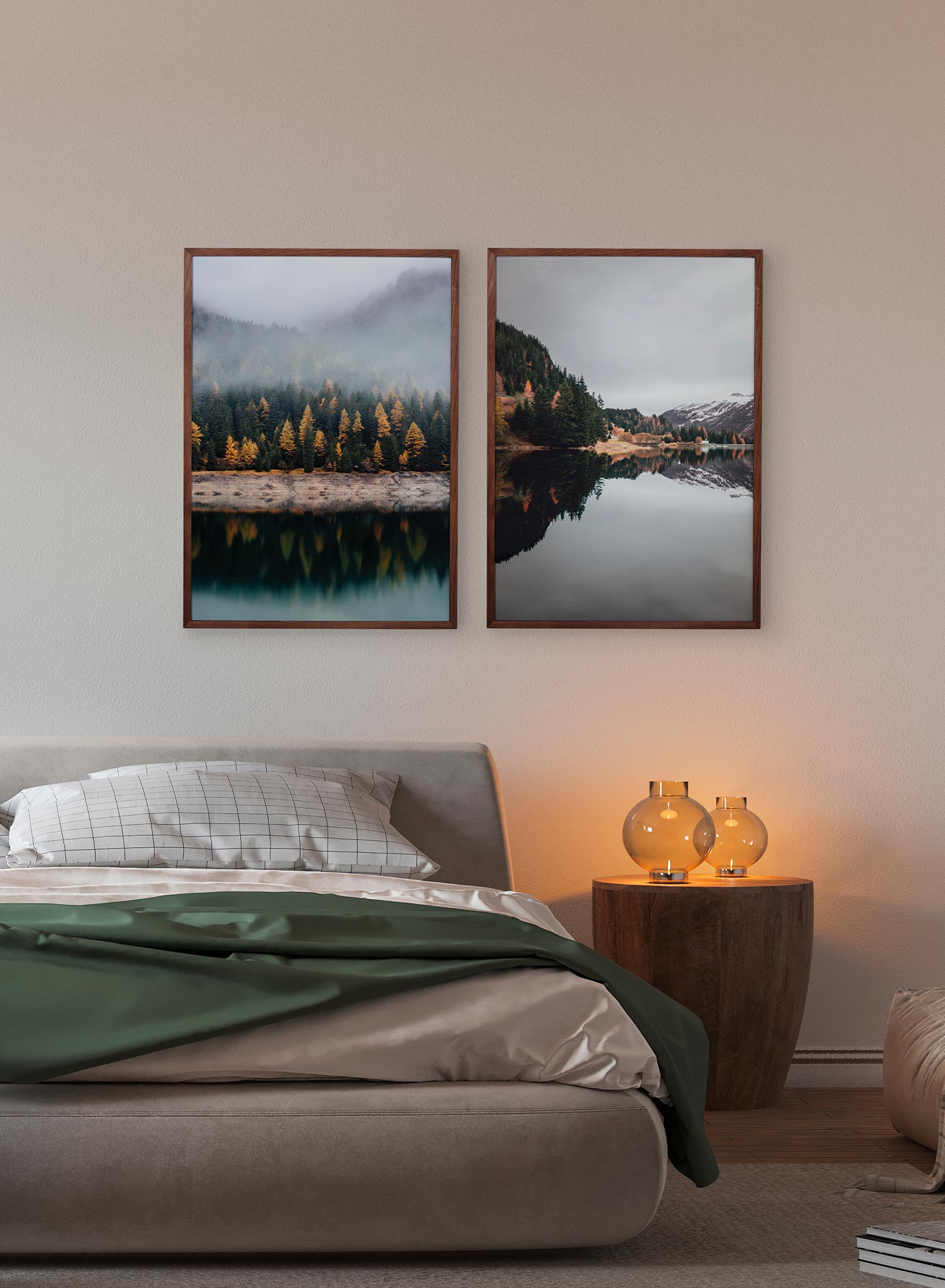 Peace & Quiet is a minimalist photography by Opposite Wall of the cloudy day view of one forest mountain and one snowy mountain mirrored over a river.