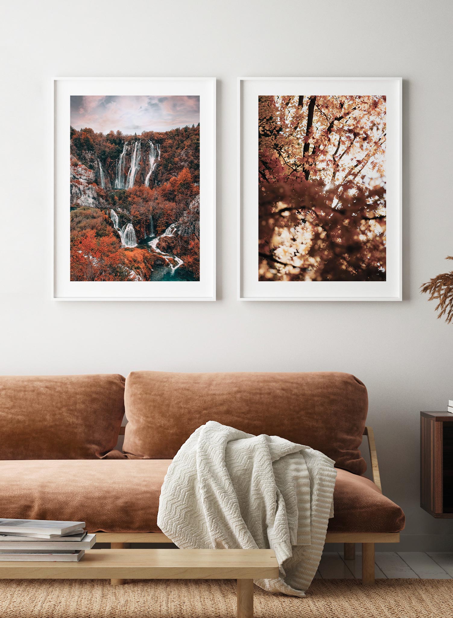 Scarlet Cascade is a minimalist photography by Opposite Wall of multiple waterfalls amidst an autumnal mountain forest with red leaves.