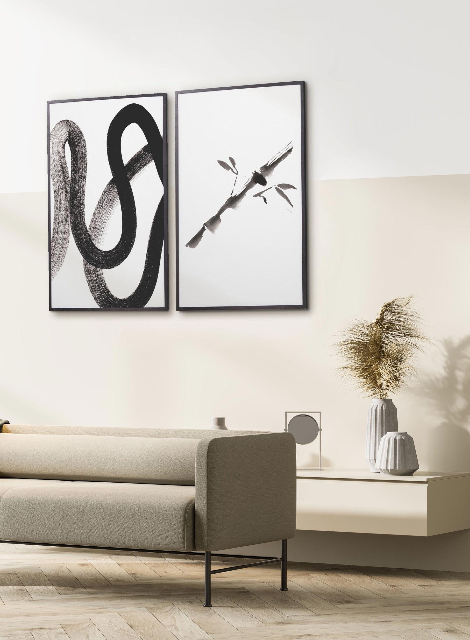 Bamboo is a minimalist illustration by Opposite Wall of an inked black and white bamboo branch.