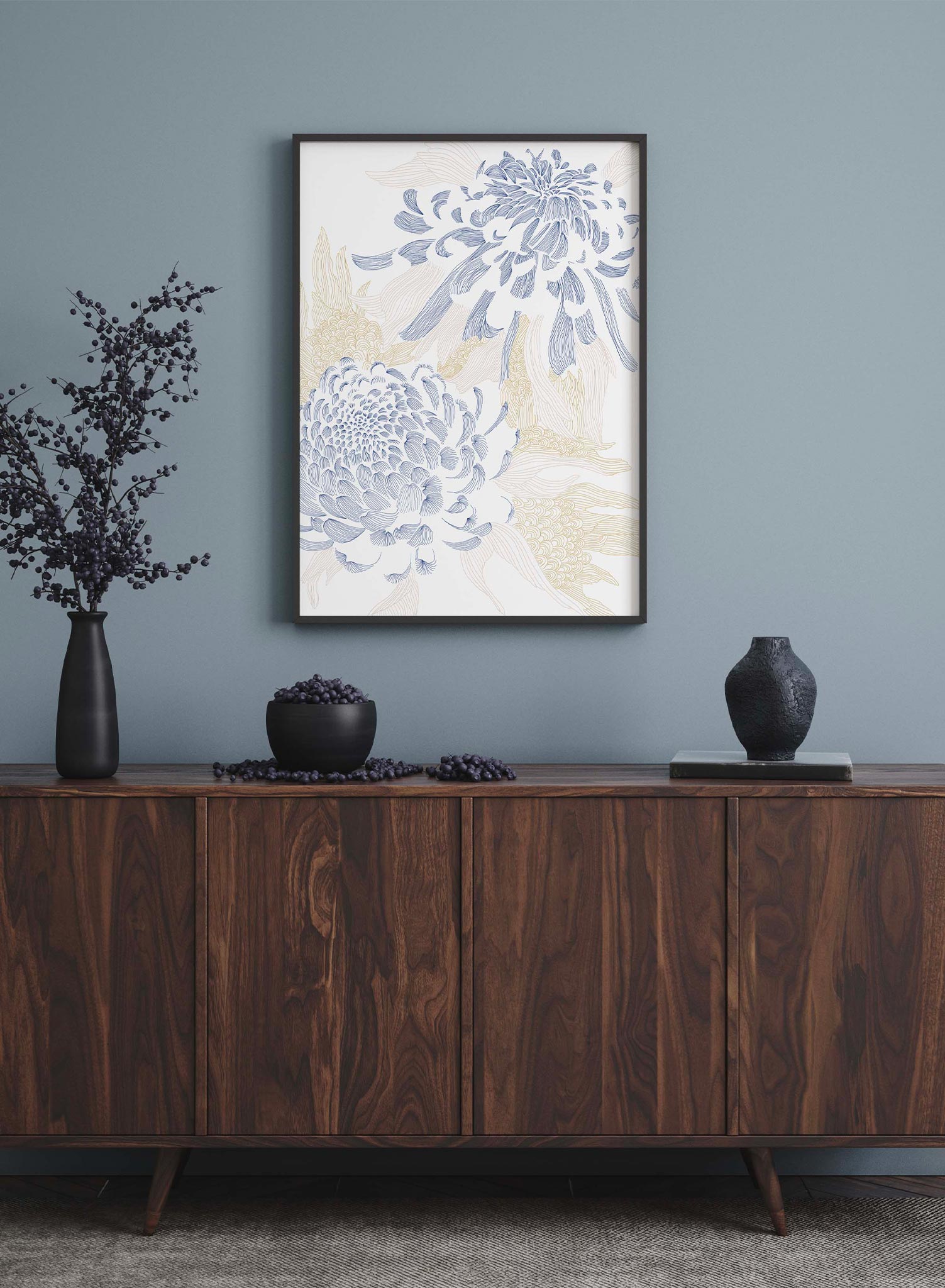 Hanakotoba is a minimalist illustration by Opposite Wall of big blooming blue and beige flowers.