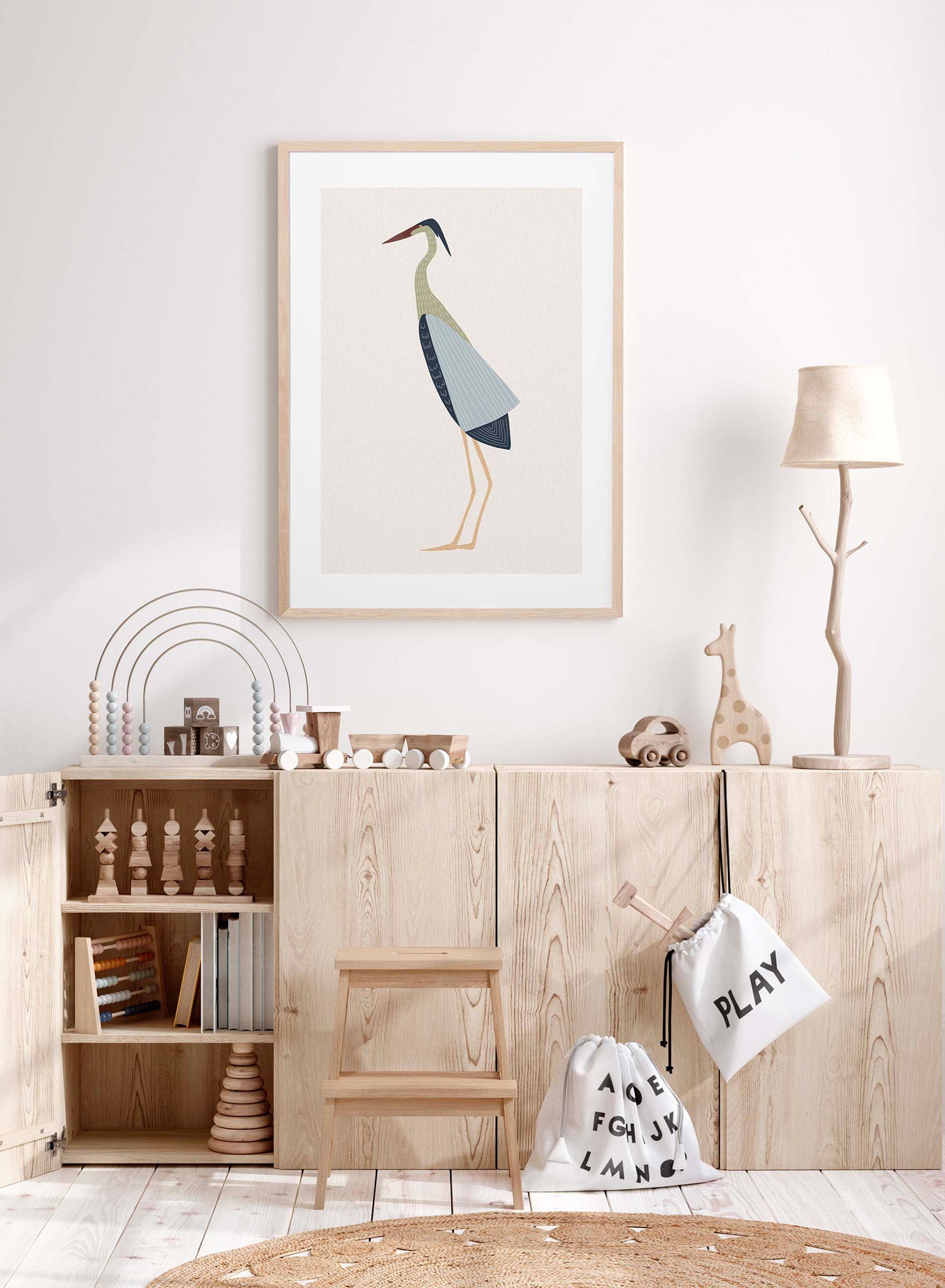 Winged Majesty is a minimalist illustration by Opposite Wall of a red crowned crane standing tall with poise.