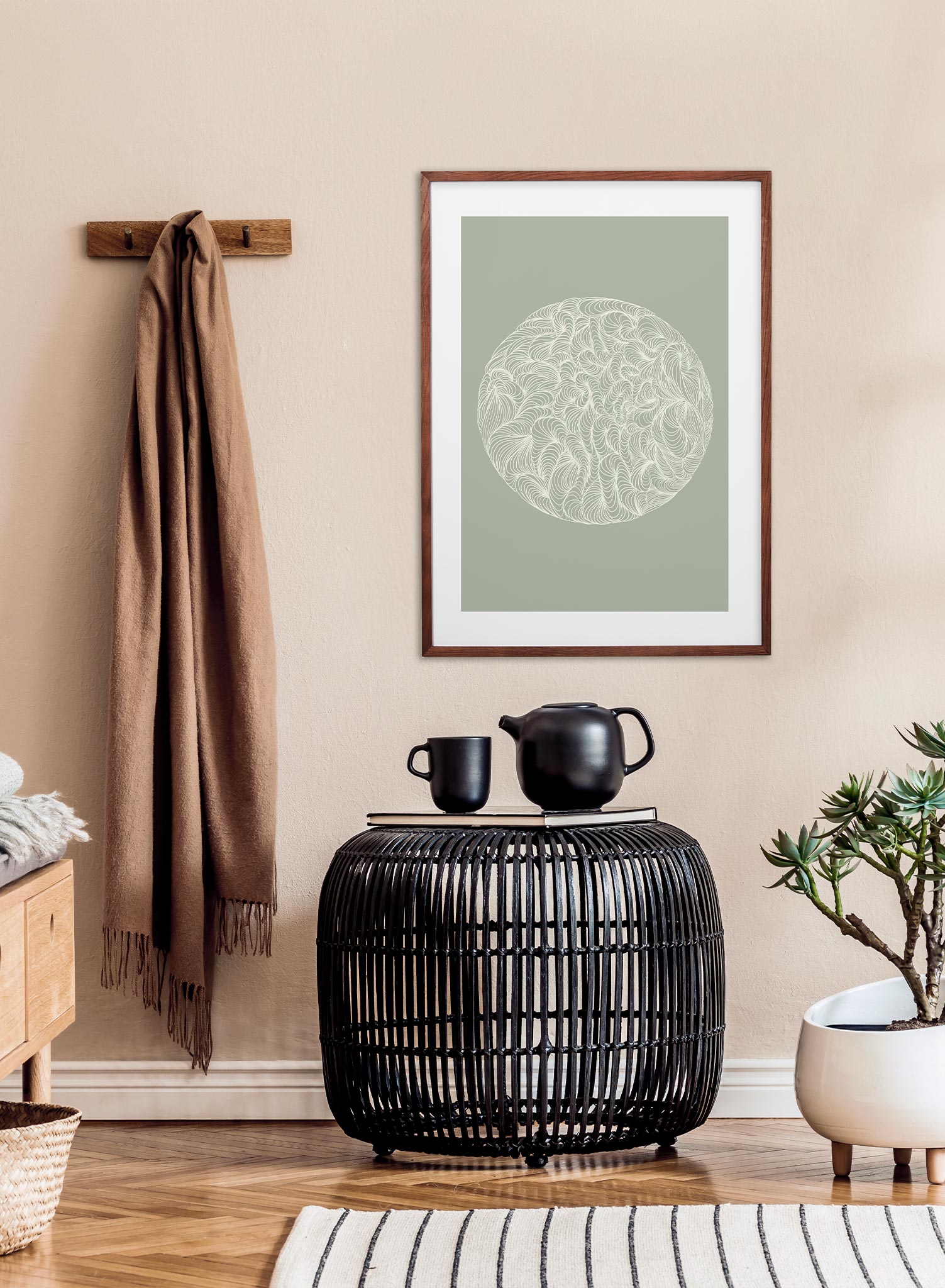 Nature Hypnosis is a minimalist illustration by Opposite Wall of a round ball of a striped and curved line pattern.