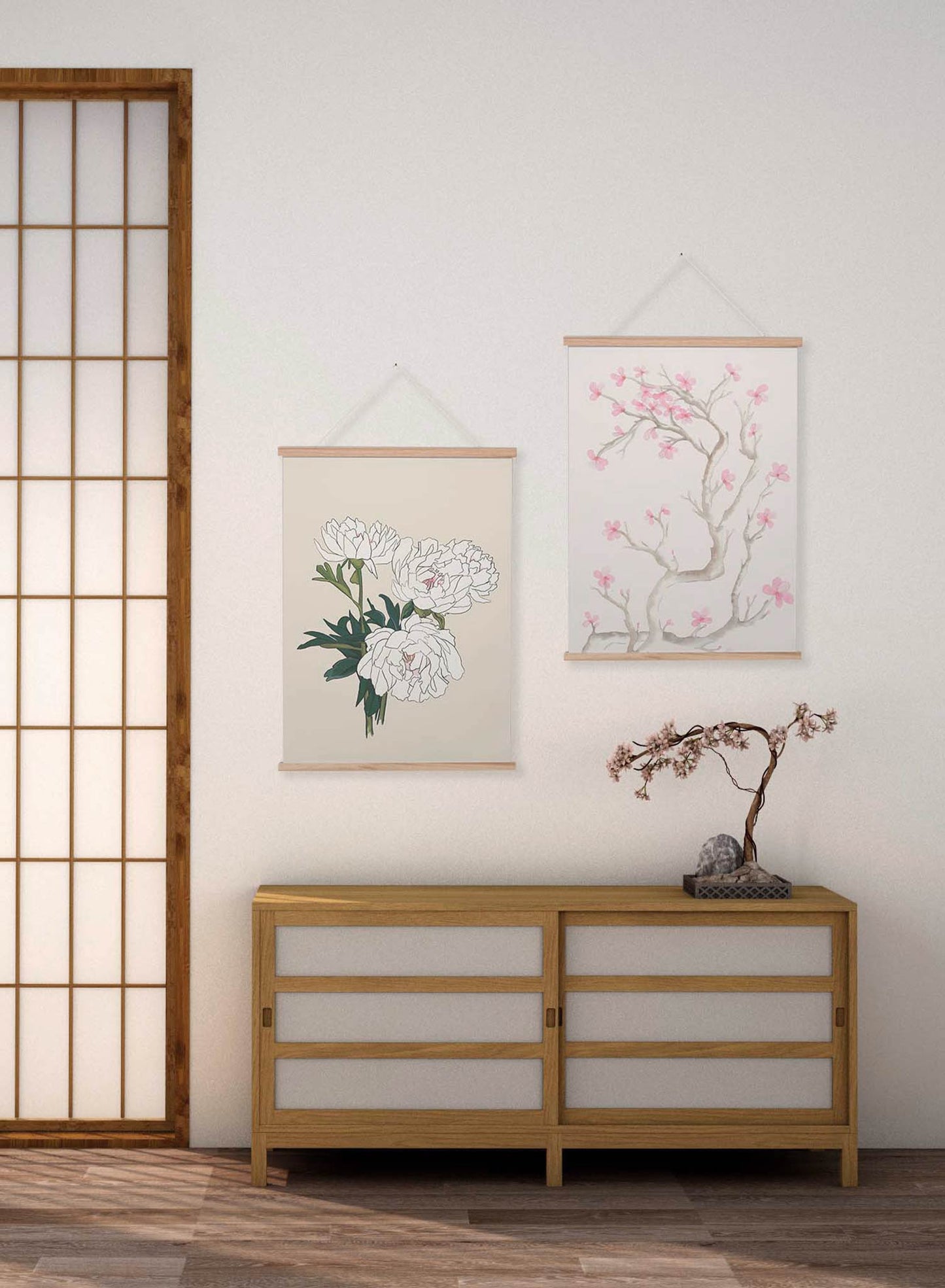 Old-Fashioned Flowers is a minimalist illustration by Opposite Wall of a bouquet of four white peonies.