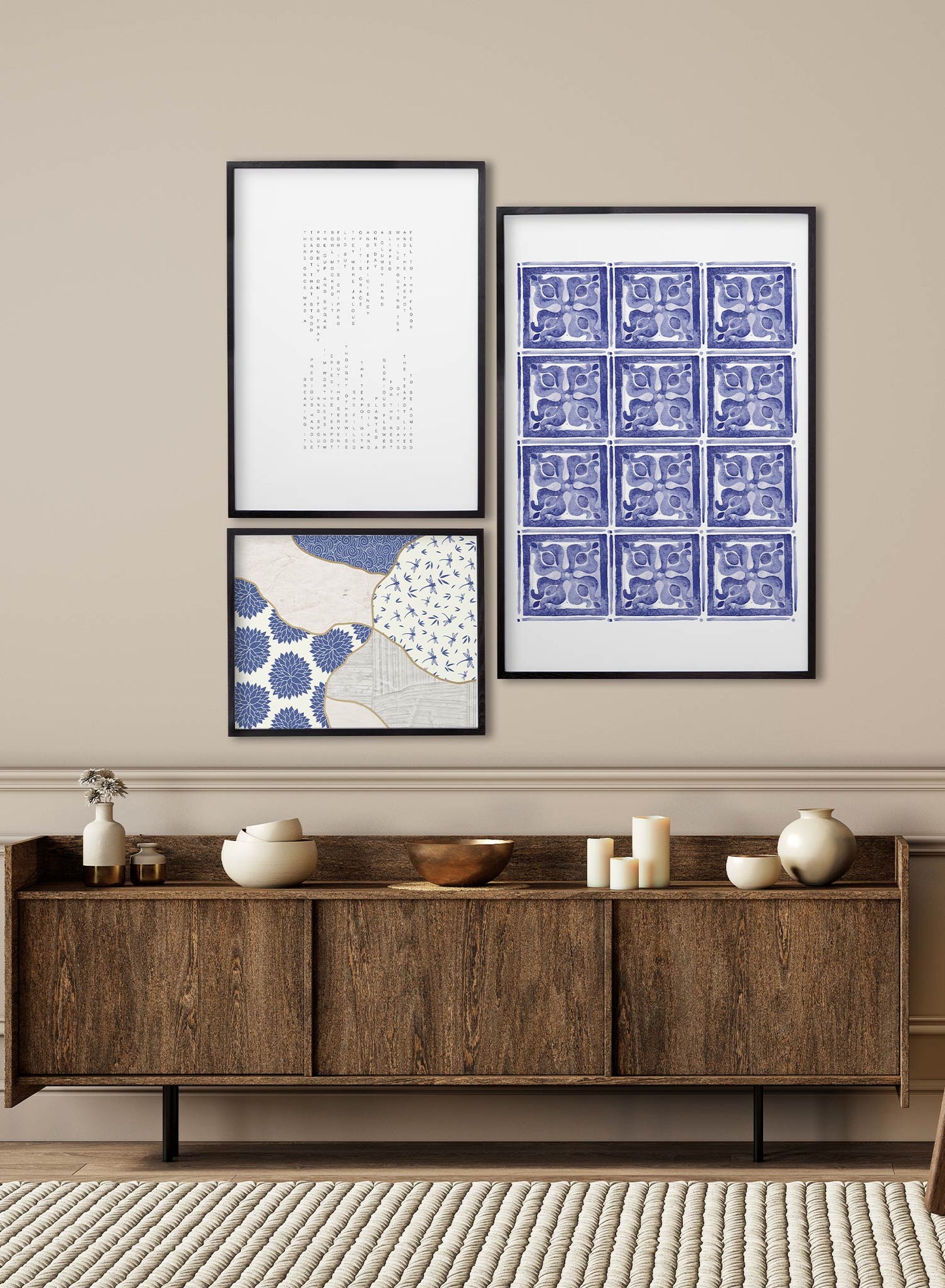 Mosaic is a minimalist illustration by Opposite Wall of twelve blue cubes with a floral pattern.