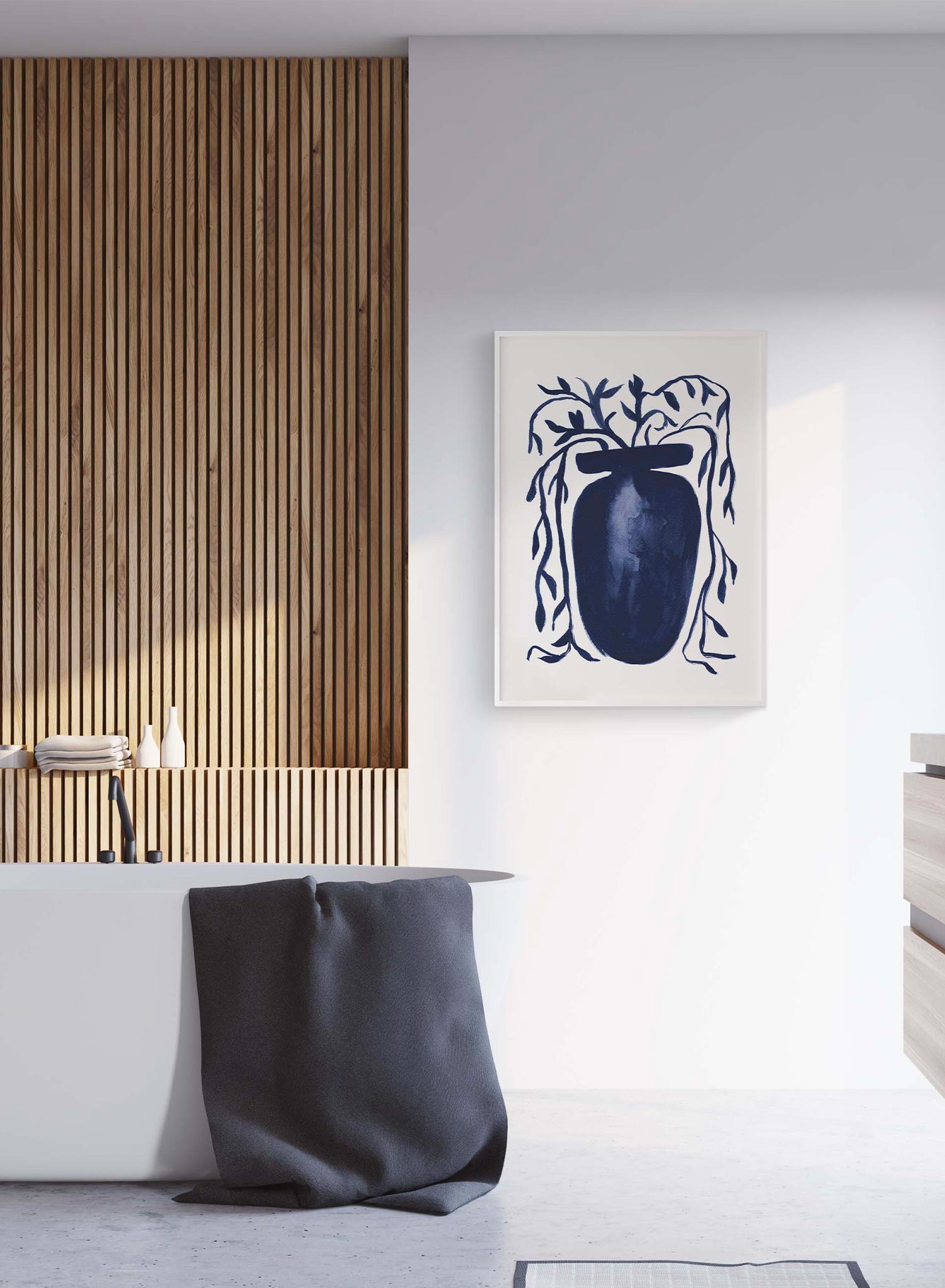 Ancestral Vase is a minimalist illustration by Opposite Wall of an enormous blue vase with a blue plant coming out of it.