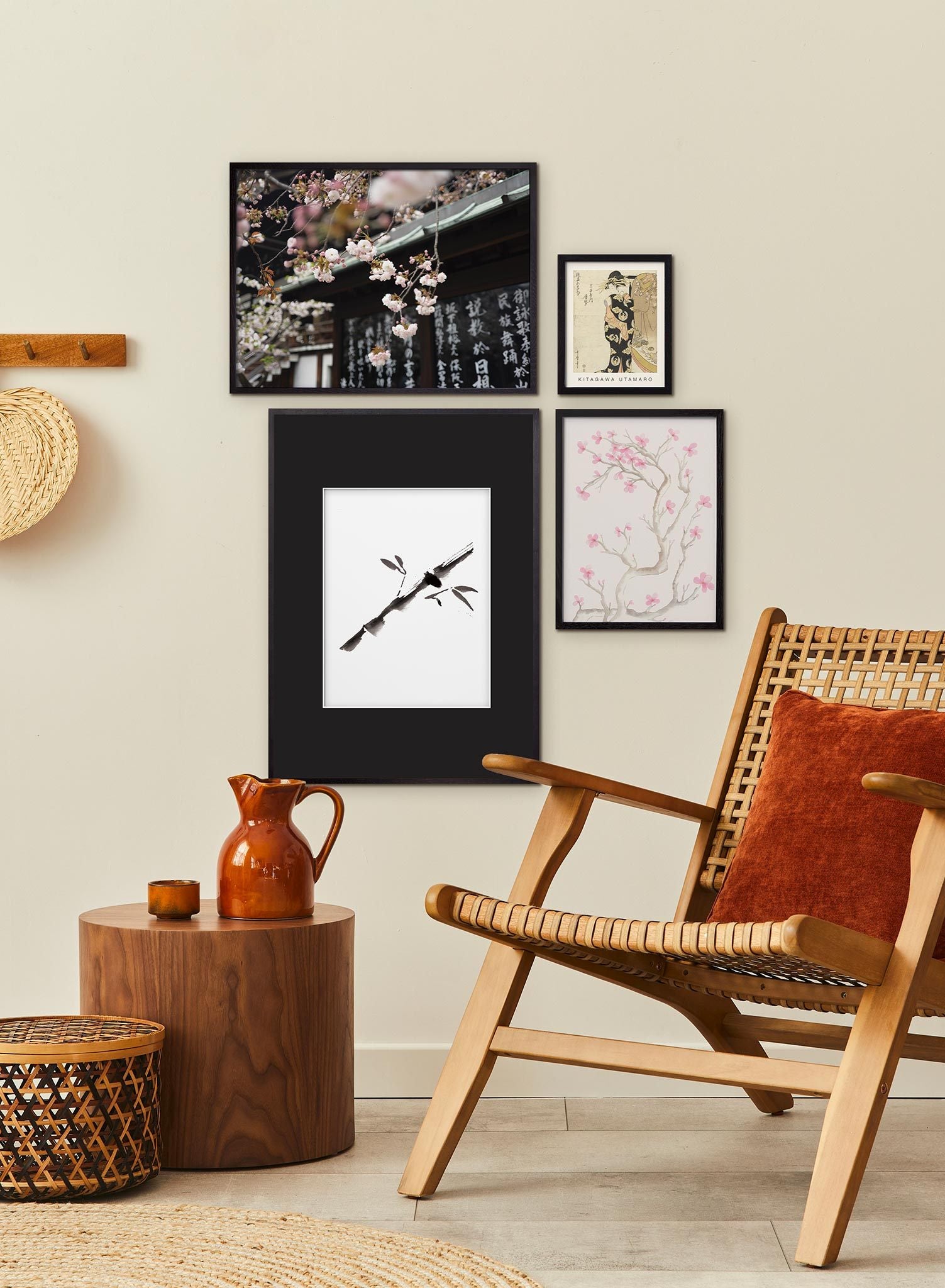 Japanese Bloom is a minimalist photography by Opposite Wall of cherry blossom flowers hanging over the roof of a traditional Japanese sign.