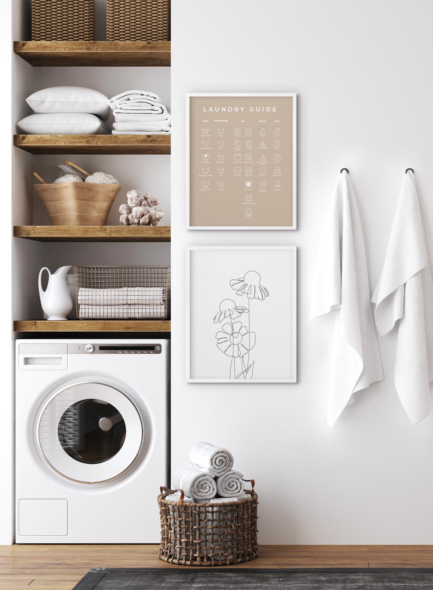 Laundry Guide in Beige is a minimalist typography by Opposite Wall of a chart of laundry symbols and their meaning.