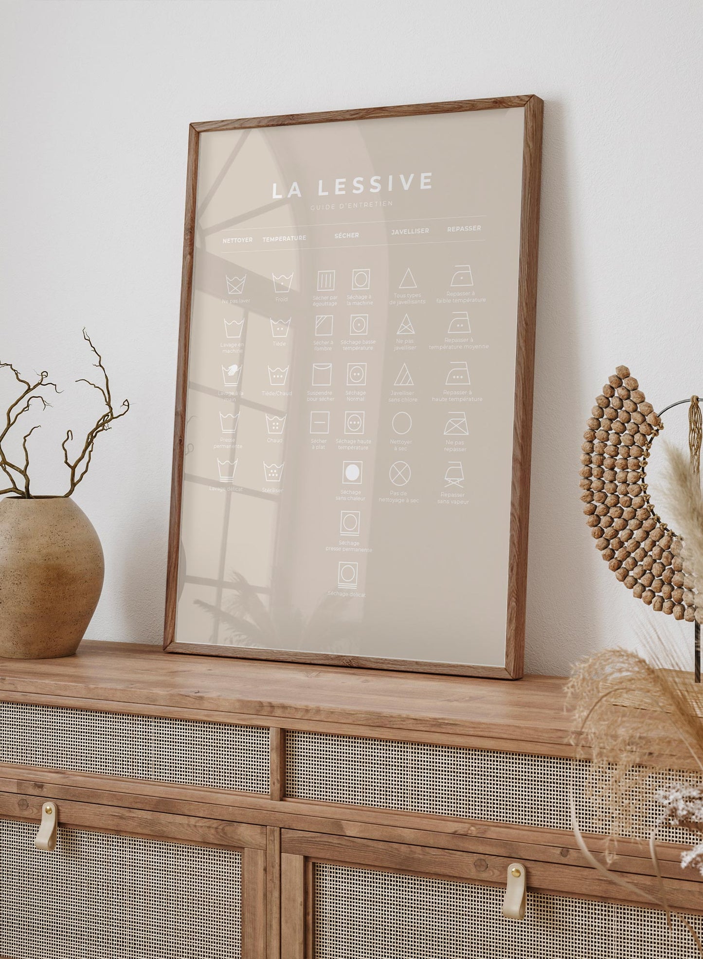 Laundry Guide in French and Beige is a mnimalist typography by Opposite Wall of a chart of laundry symbols and their meaning.