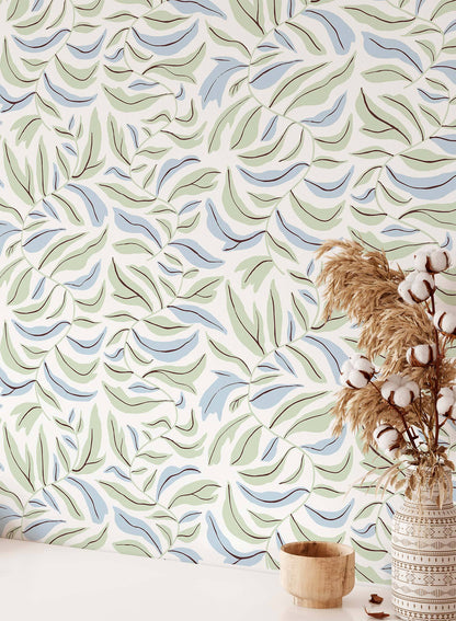 Spring Garland is a minimalist wallpaper by Opposite Wall of squiggly branches with leaves.