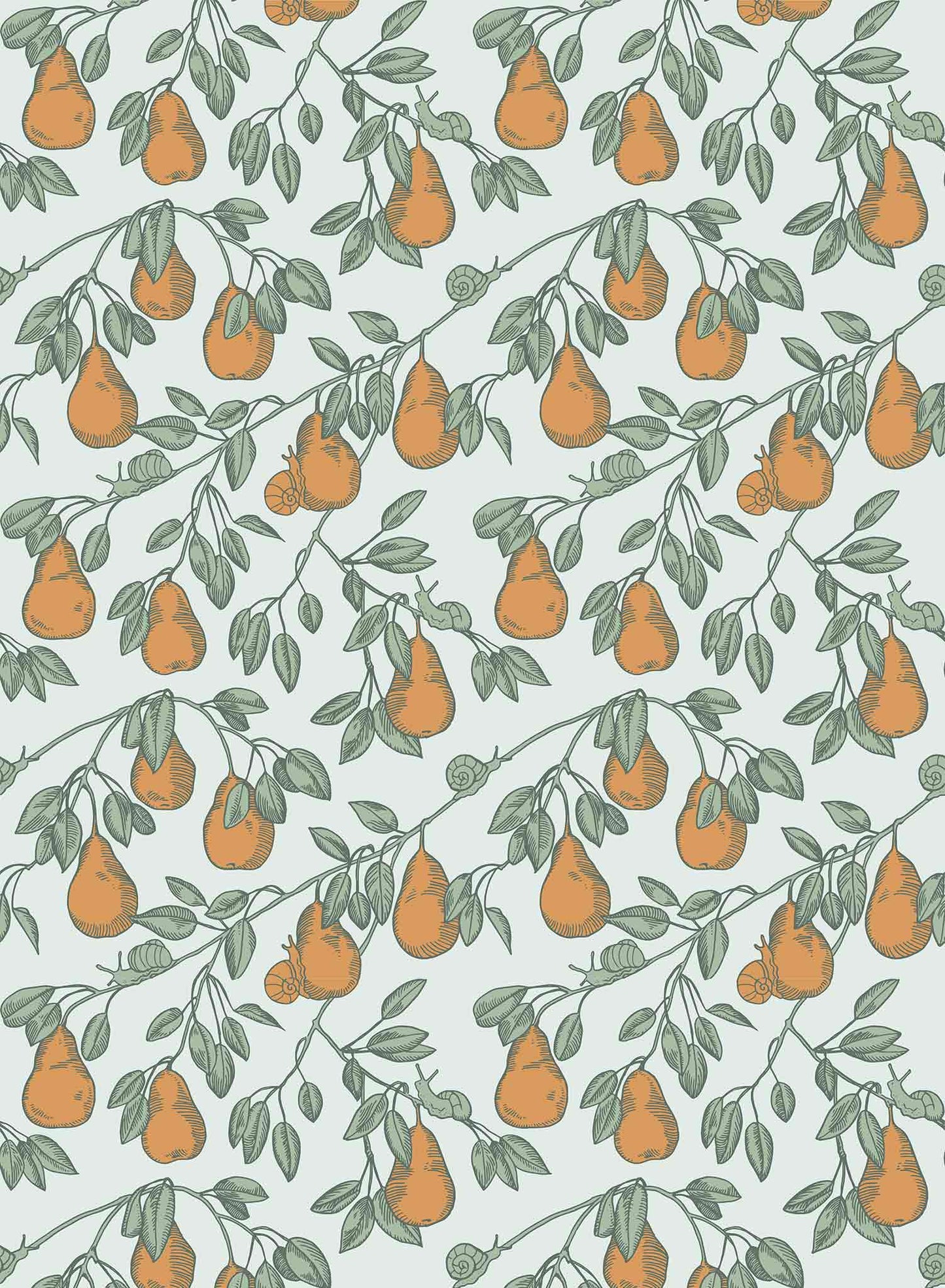 Pear Picking is a minimalist wallpaper by Opposite Wall of a series of pears hanging from its tree.