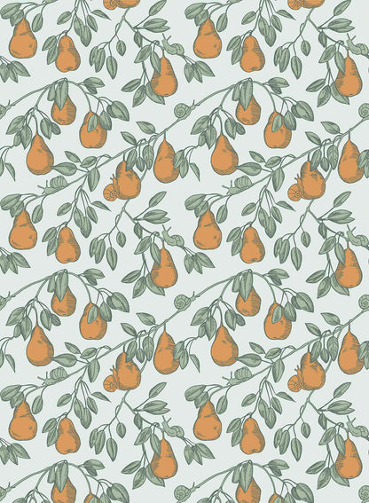 Pear Picking is a minimalist wallpaper by Opposite Wall of a series of pears hanging from its tree.