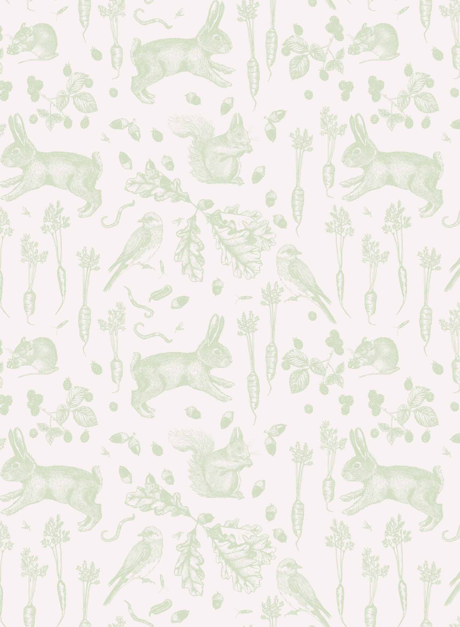 Garden Thieves is a minimalist wallpaper by Opposite Wall of common animals and vegetables found in a backyard garden.