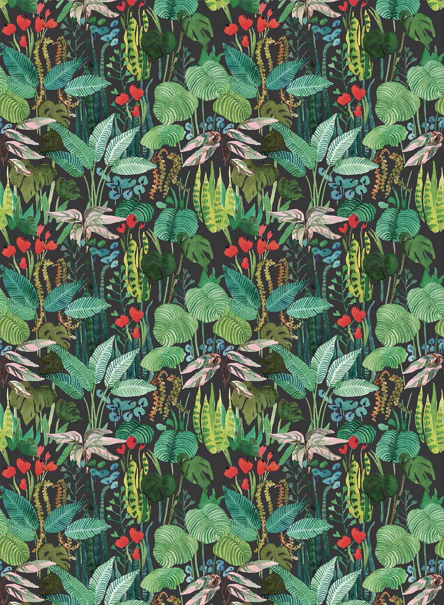 Tropicalia is a minimalist wallpaper by Opposite Wall of a variety of tropical plant leaves.