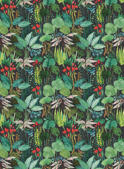 Tropicalia is a minimalist wallpaper by Opposite Wall of a variety of tropical plant leaves.