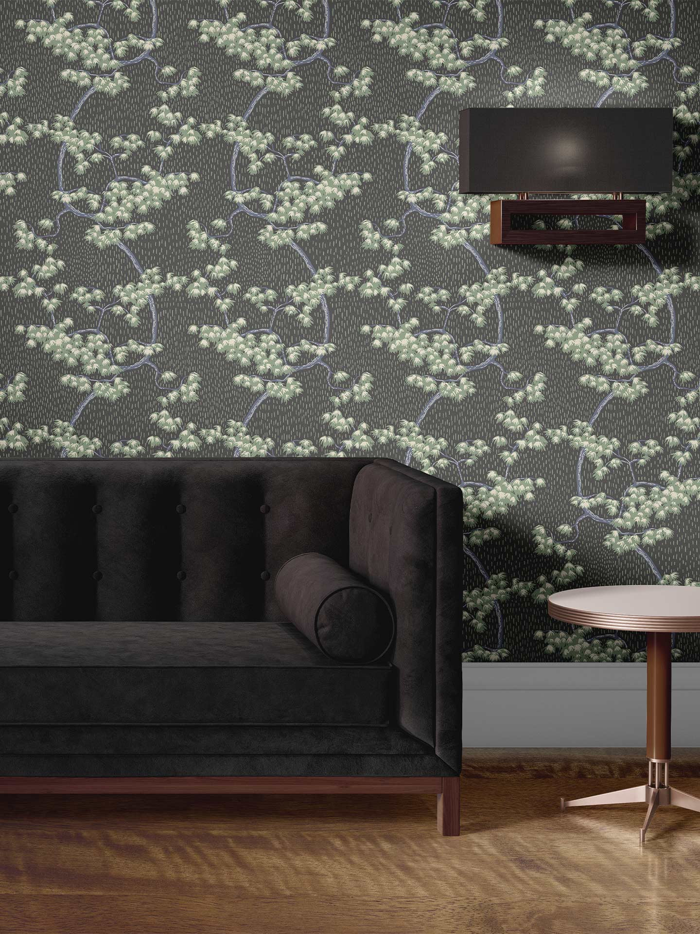 Bonasai is a minimalist wallpaper by Opposite Wall of branches of pine bonsai going down vertically.