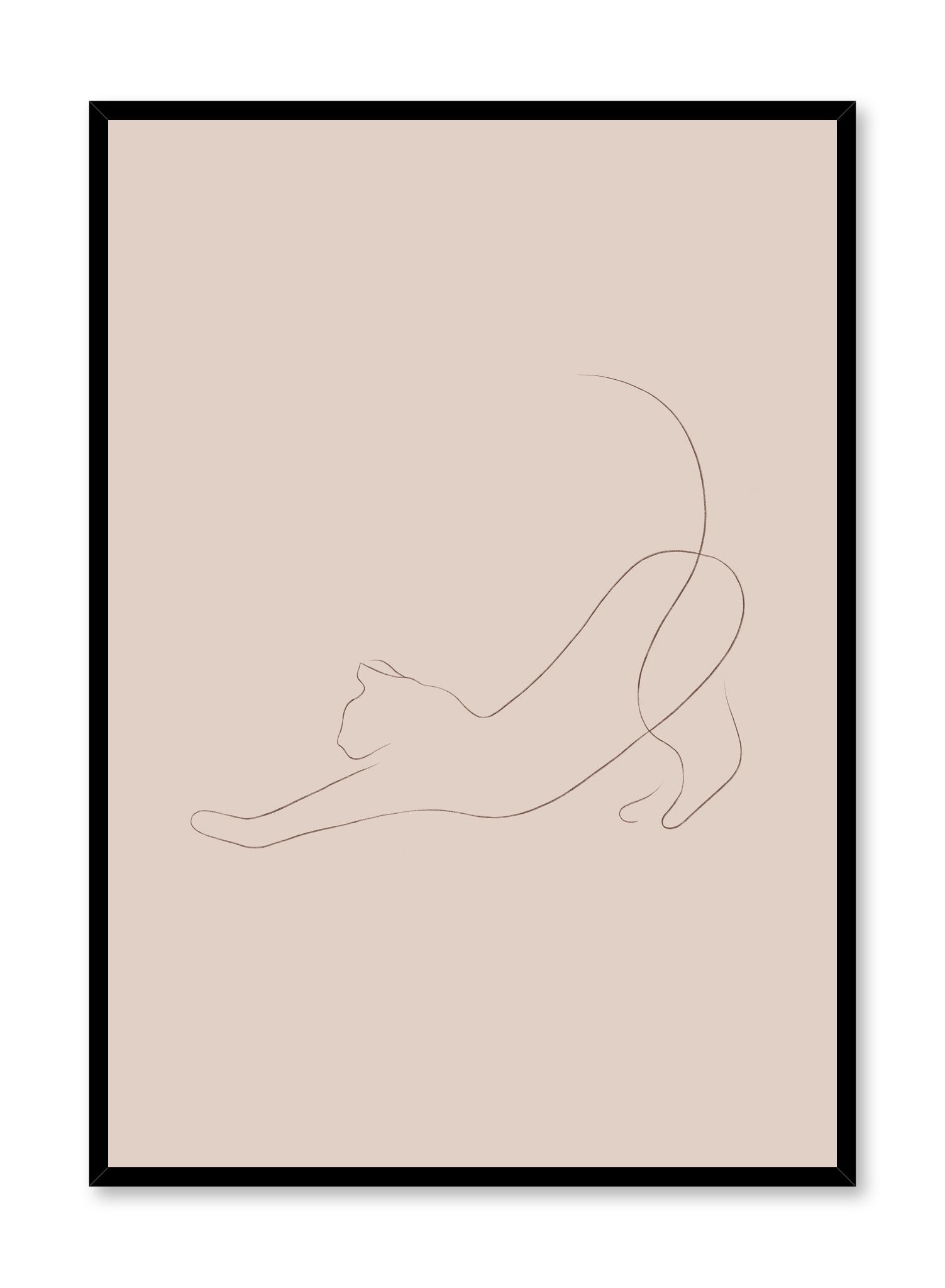 Modern minimalist poster by Opposite Wall with abstract illustration of stretching cat line art with beige background