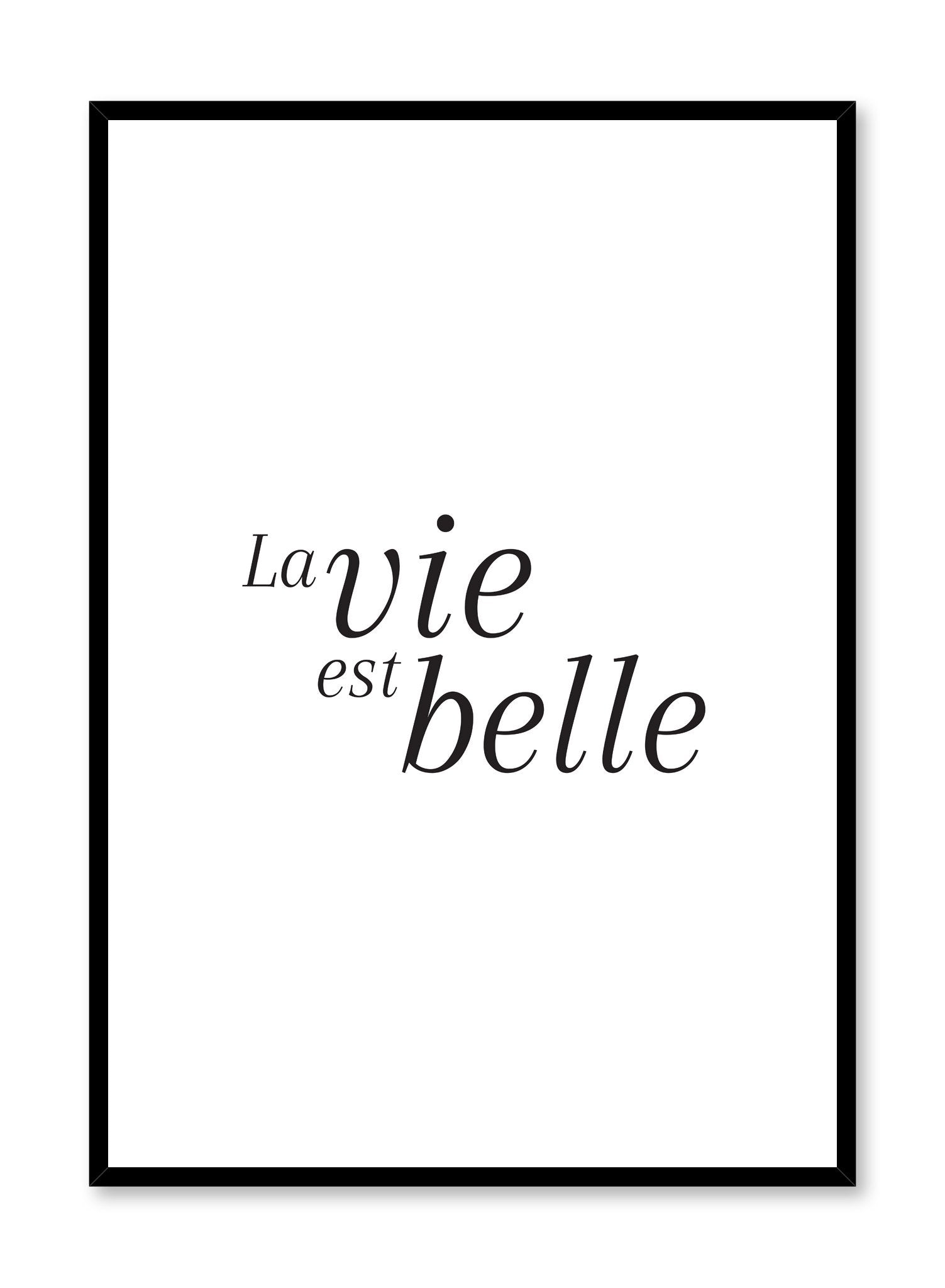 Scandinavian poster with black and white graphic typography design of la vie est belle by Opposite Wall