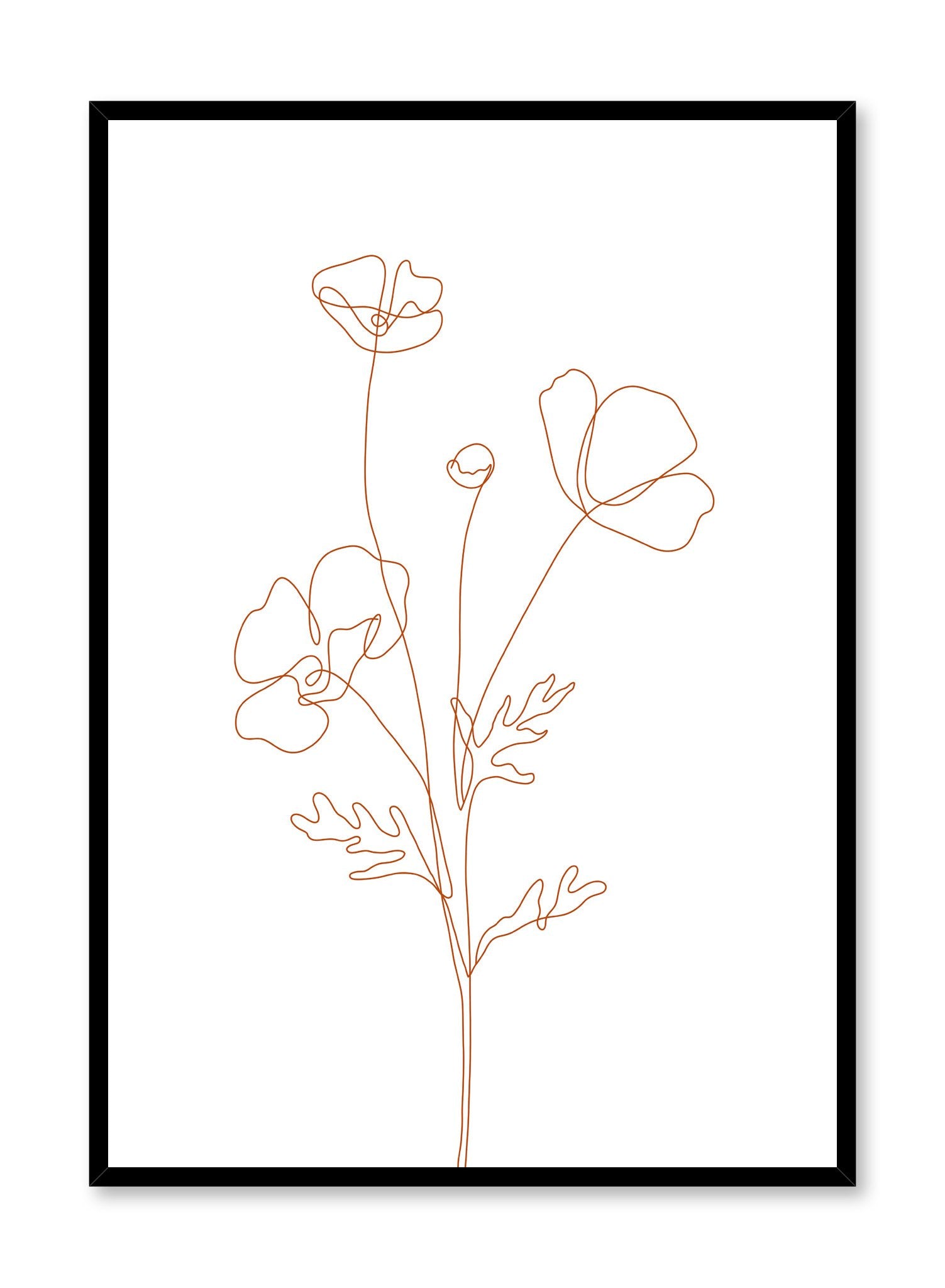 Minimalist design poster by Opposite Wall with line art drawing of poppy with orange lines