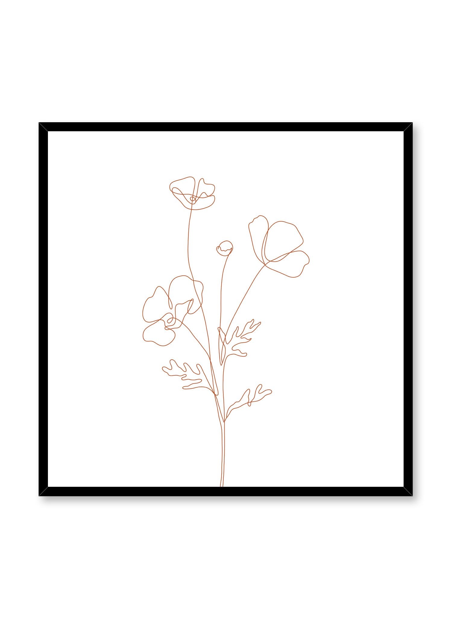 Minimalist design poster by Opposite Wall with line art drawing of poppy with orange lines