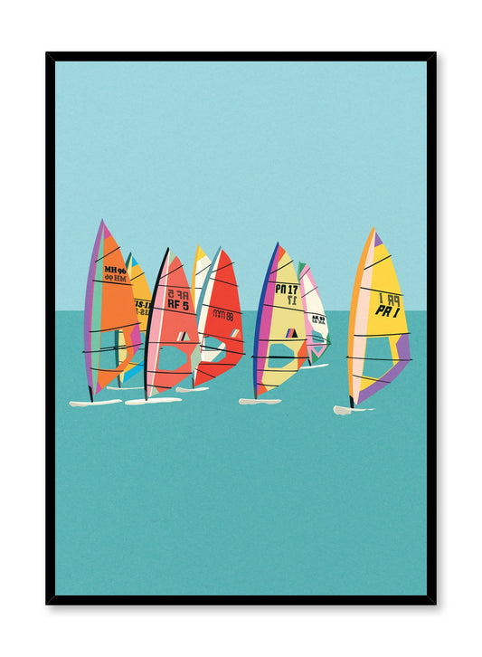 Minimalist pop art paper illustration by German artist Rosi Feist with windsurfers on water