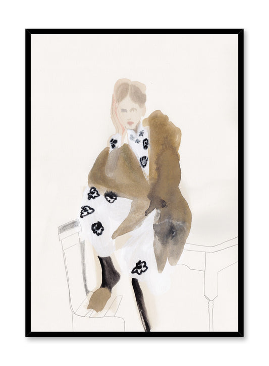 Fashion painting by Opposite Wall of a woman sitting on a kitchen table wearing a black and white floral dress and a brown fur coat.