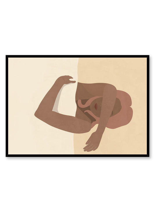 "Lazy Morning" is a minimalist and illustration poster by Opposite Wall of a woman enjoying a sunny morning in her yellow bed. 