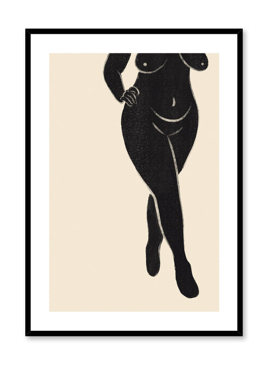 "Lookin' Fine" is a minimalist black, and beige illustration poster by Opposite Wall of curvy and abstract female silhouette in an empowering pose over a beige background.