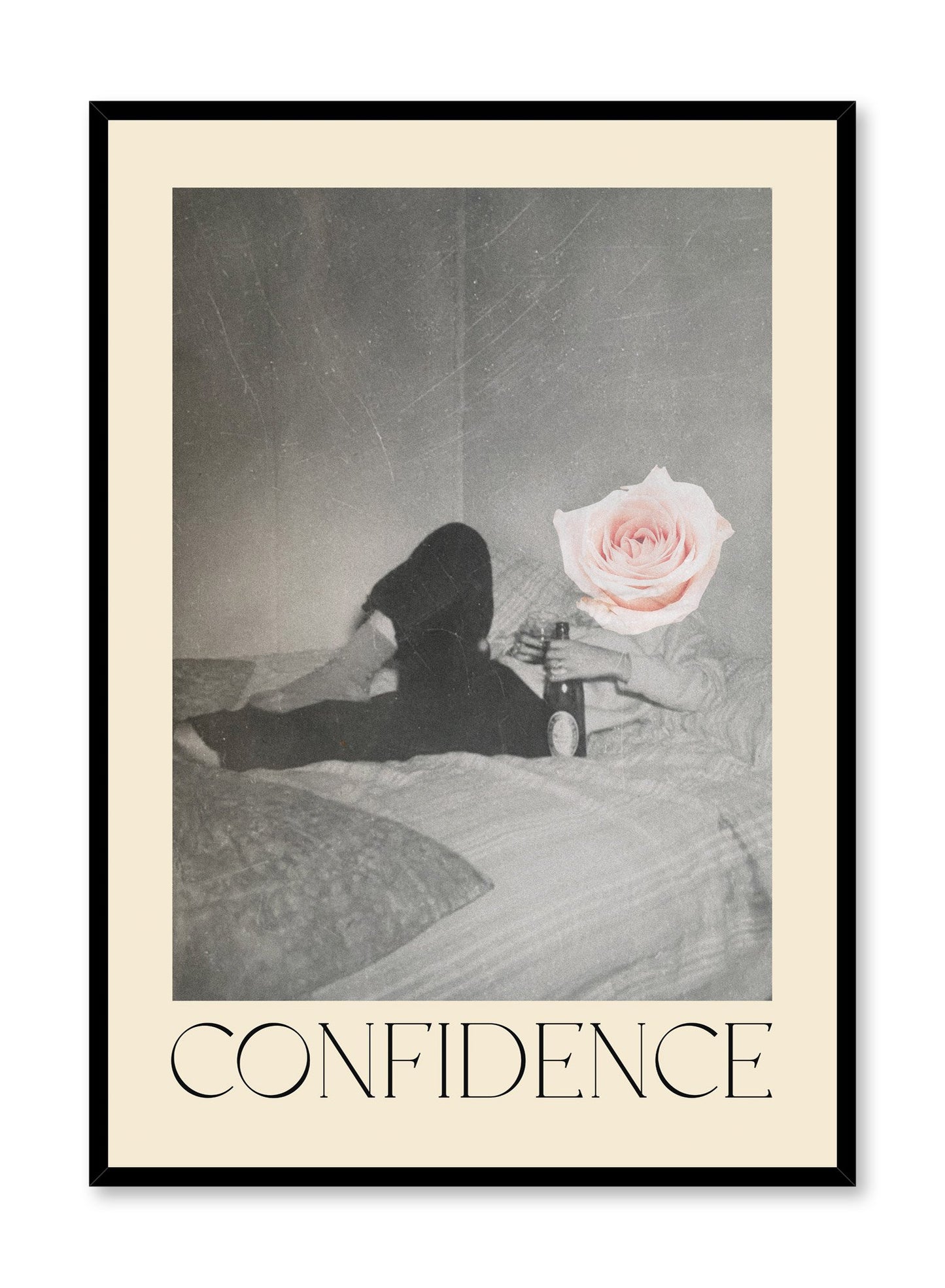 "Confidence" is a minimalist beige and black & white typography collage poster by Opposite Wall of a cutout vintage man lying in bed with wine and a pink rose and the word ‘confidence’ in vintage letters.