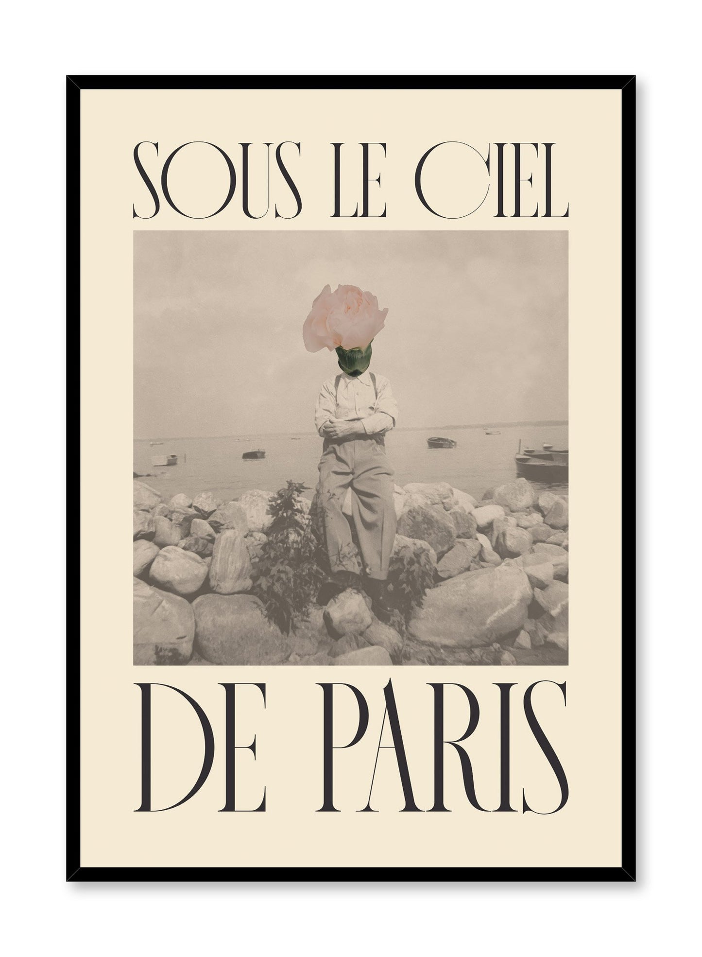 "Under the Paris Sky in Beige" is a minimalist beige collage poster by Opposite Wall of a deconstructed vintage photography of a man with a rose on his head and the words ‘under the paris sky’ in French.