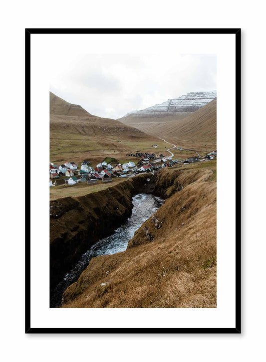 Home Among the Giants' is a landscape photography poster by Opposite Wall of a quaint Nordic village at the heart of tall mountains in the Faroe Islands.