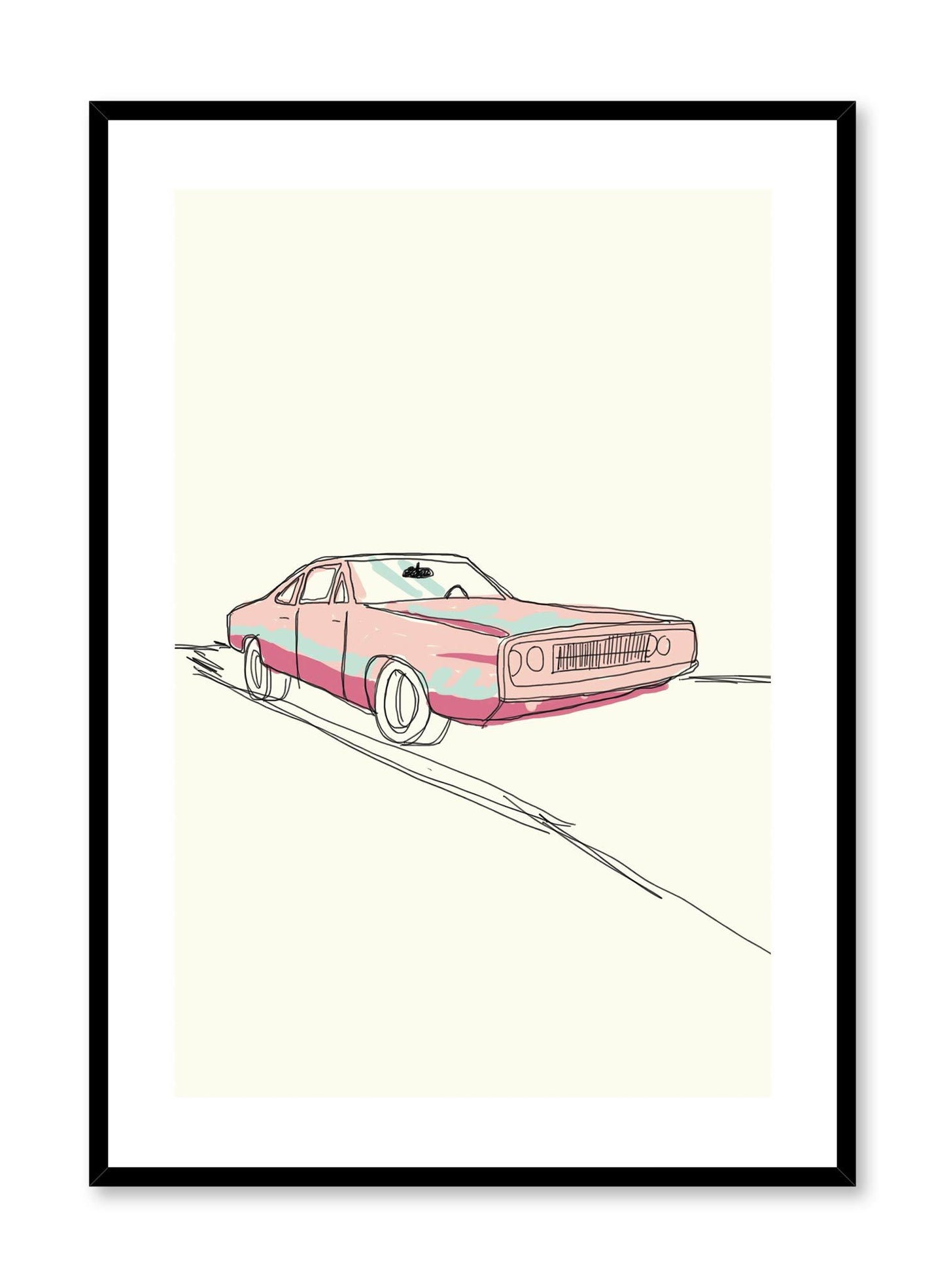 Pedal to the Metal is a minimalist sketch illustration poster of a pink '80s car by Opposite Wall.