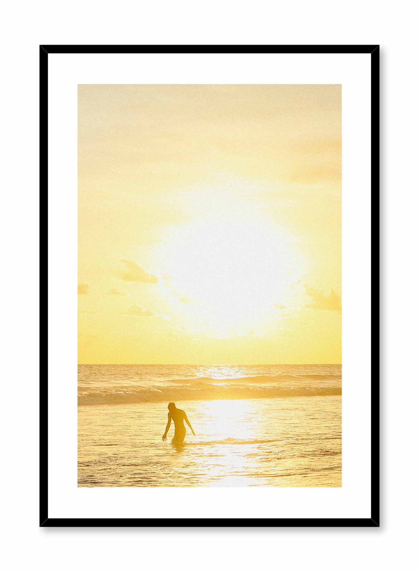 Golden Day is a minimalist lifestyle photography poster of a blinding sunset setting over the sea by Opposite Wall.