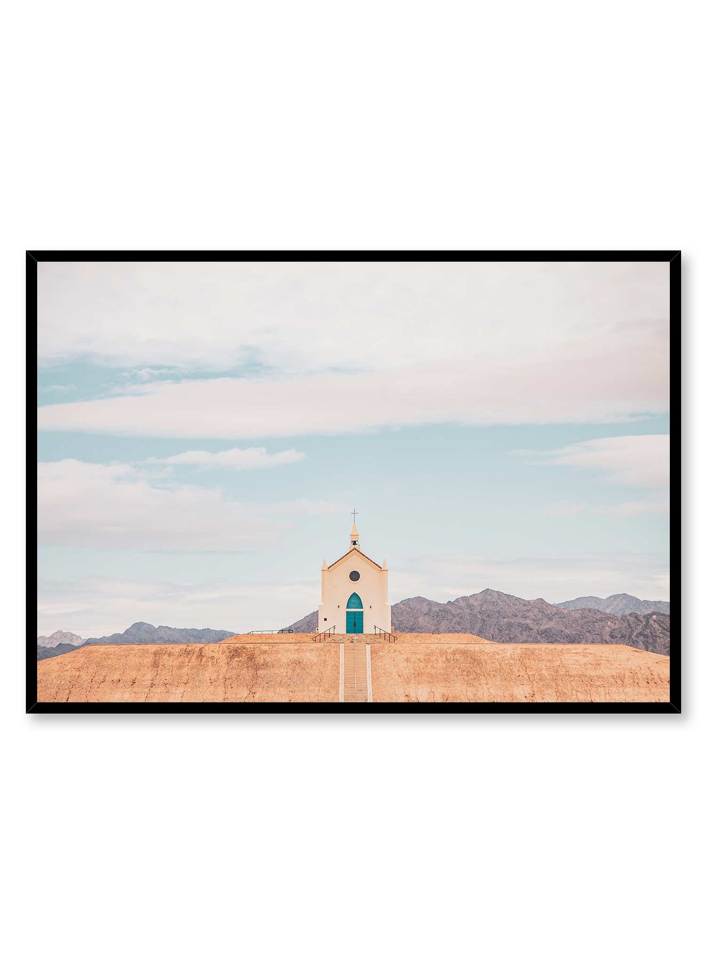 Upstairs is a photography poster of a quaint rustic chapel by Opposite Wall.