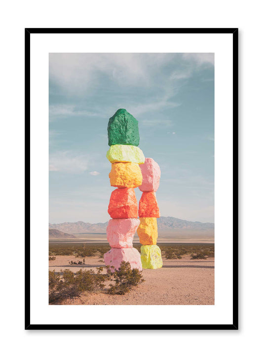 Vegas Totem is a travel photography poster of a stacked colourful boulder structure by Opposite Wall.