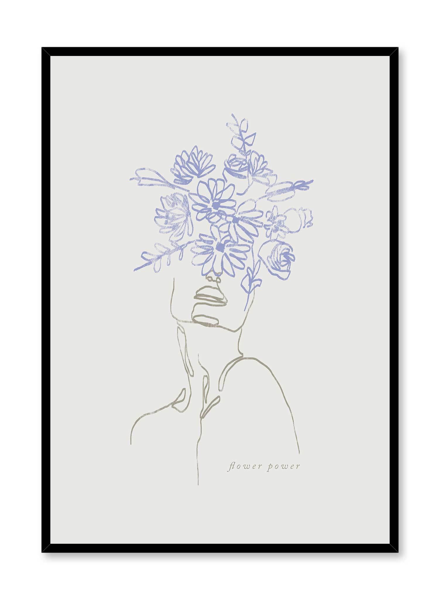 Flourishing is a line art illustration of a person wearing a blue flower crown covering half the face by Opposite Wall.