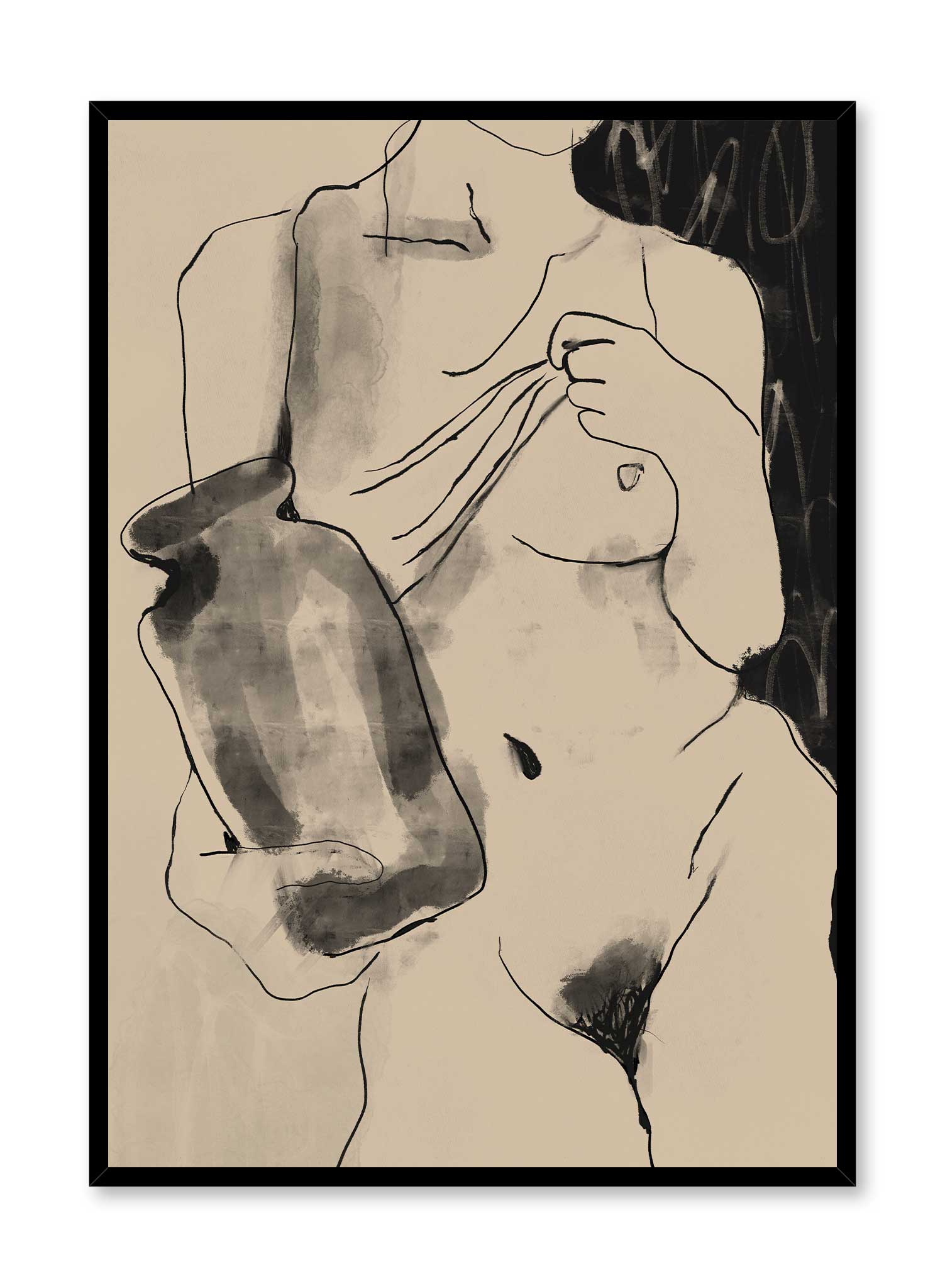 Fearless is a monochrome illustration of an almost naked, sensual and tempting woman holding a vase by Audrey Rivet in collaboration with Opposite Wall.