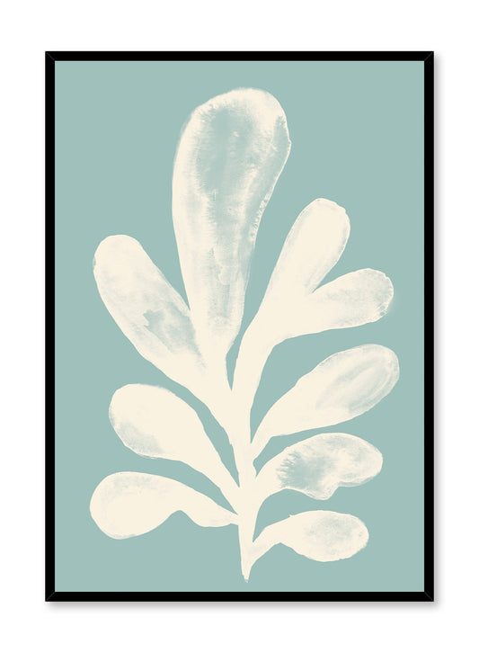 Sea Flower is a minimalist illustration of a single white seaweed leaf on a teal background by Opposite Wall.