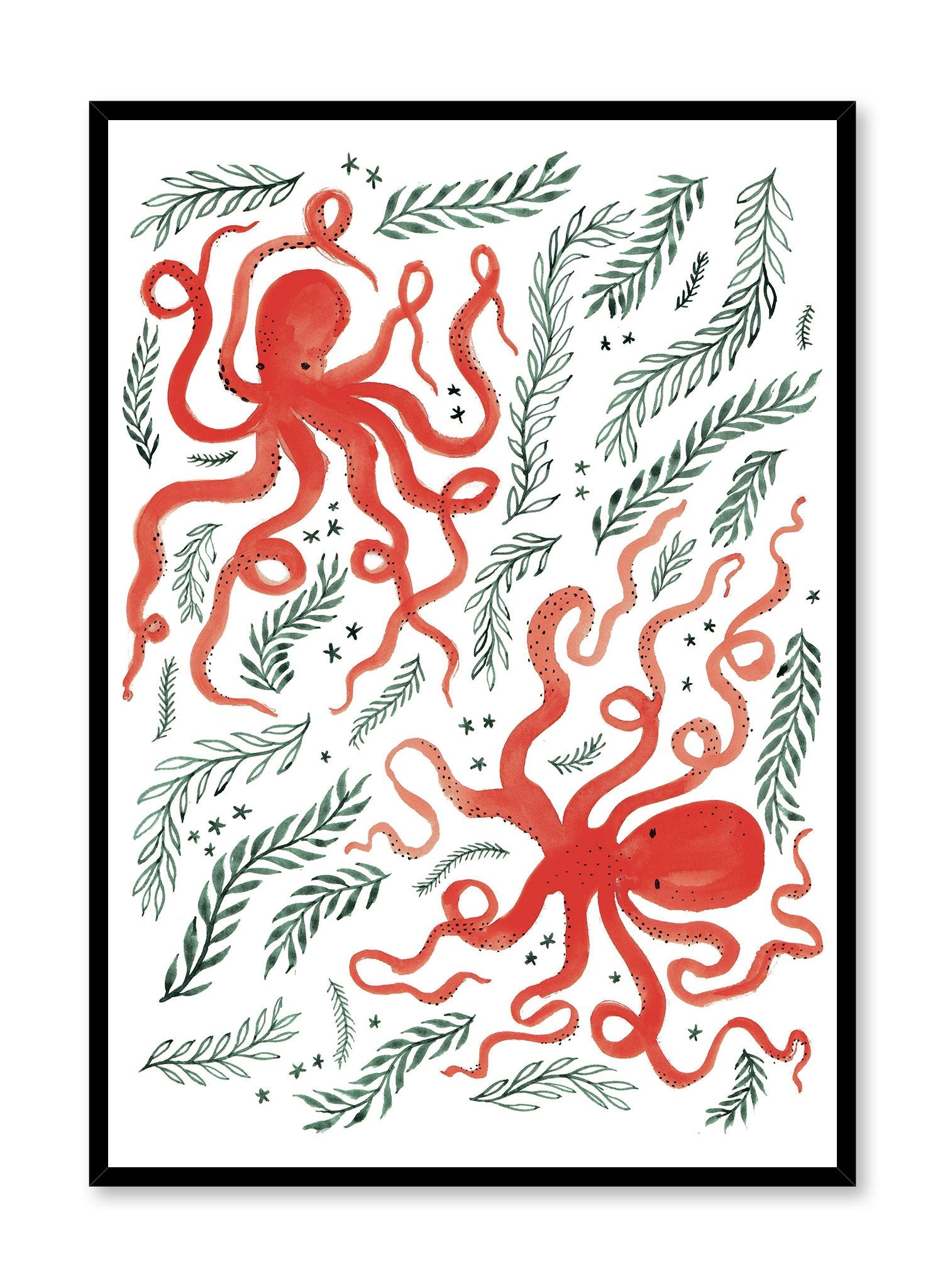 Octopus Duo is a minimalist illustration of two red octopus having a blast in the water while surrounded by seaweed by Opposite Wall.