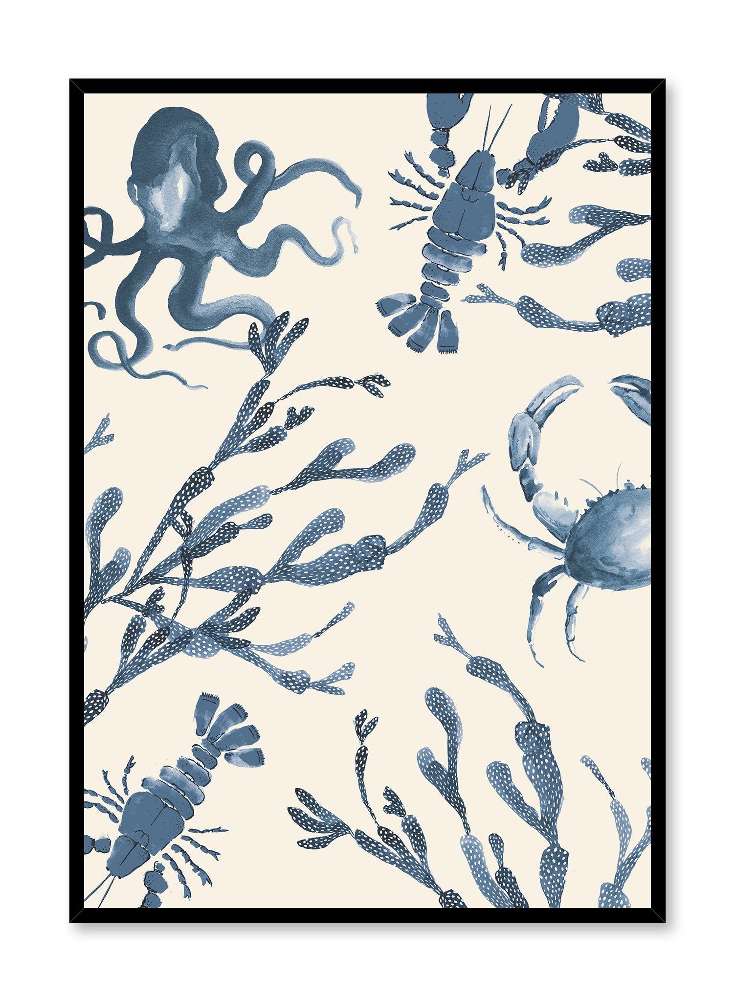 Cool Crustaceans is a minimalist illustration of an octopus, a crab, two lobsters and several dotted corals gathered together by Opposite Wall.