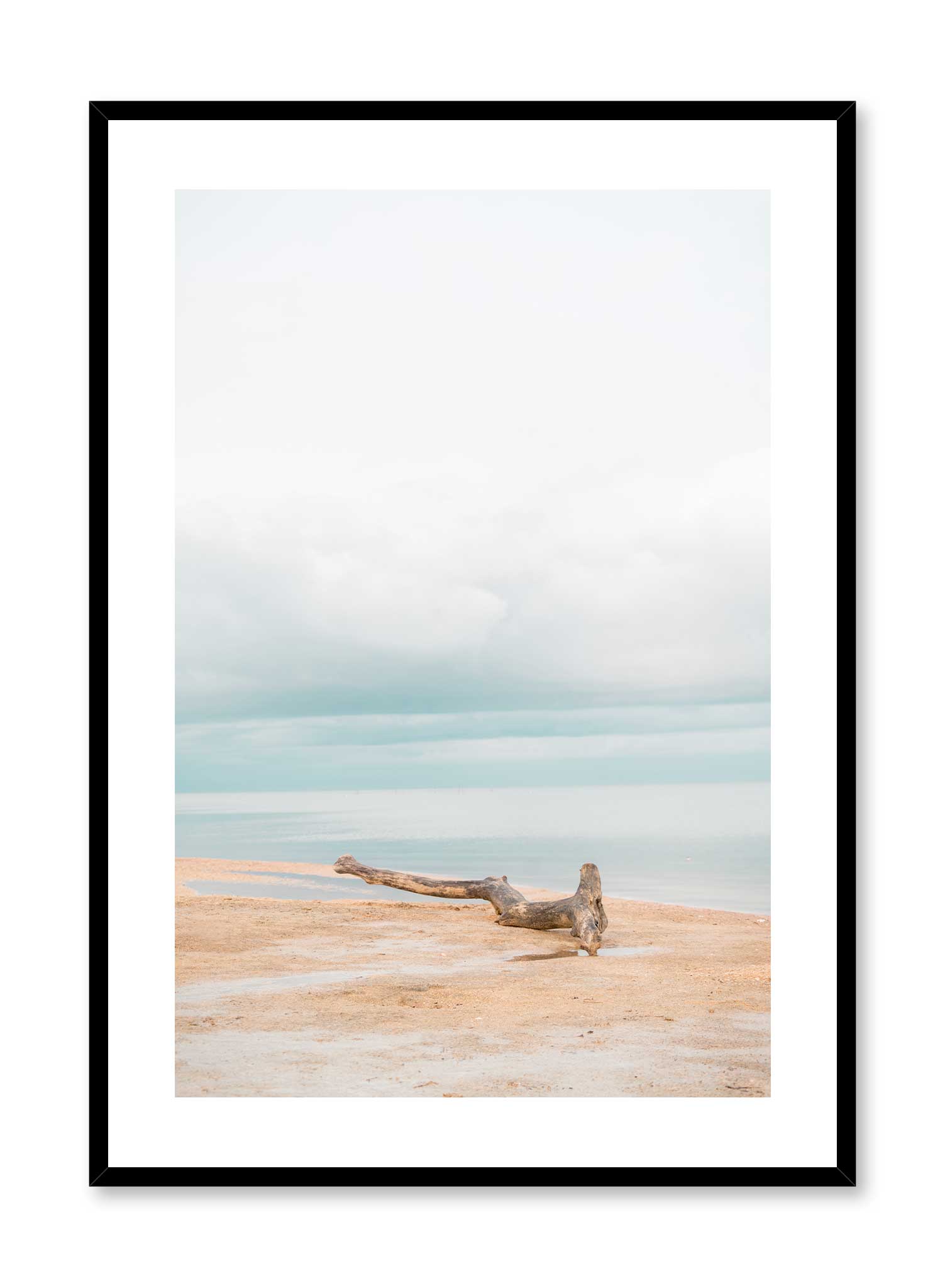 Coastal Morning is a minimalist photography of a calm beach overlooking a cloudy blue sky with a driftwood as focal point by Opposite Wall.