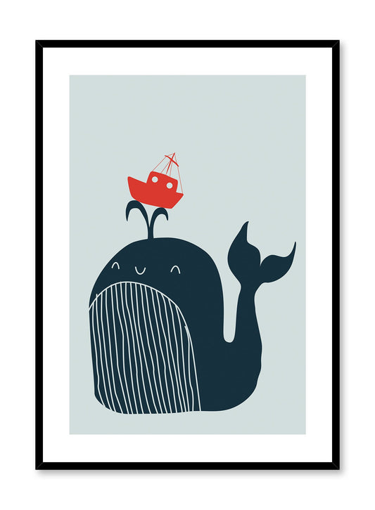 Whale Ride is a minimalist illustration of a dark blue whale with a stripped belly holding up a red boat through its blowhole by Opposite Wall.