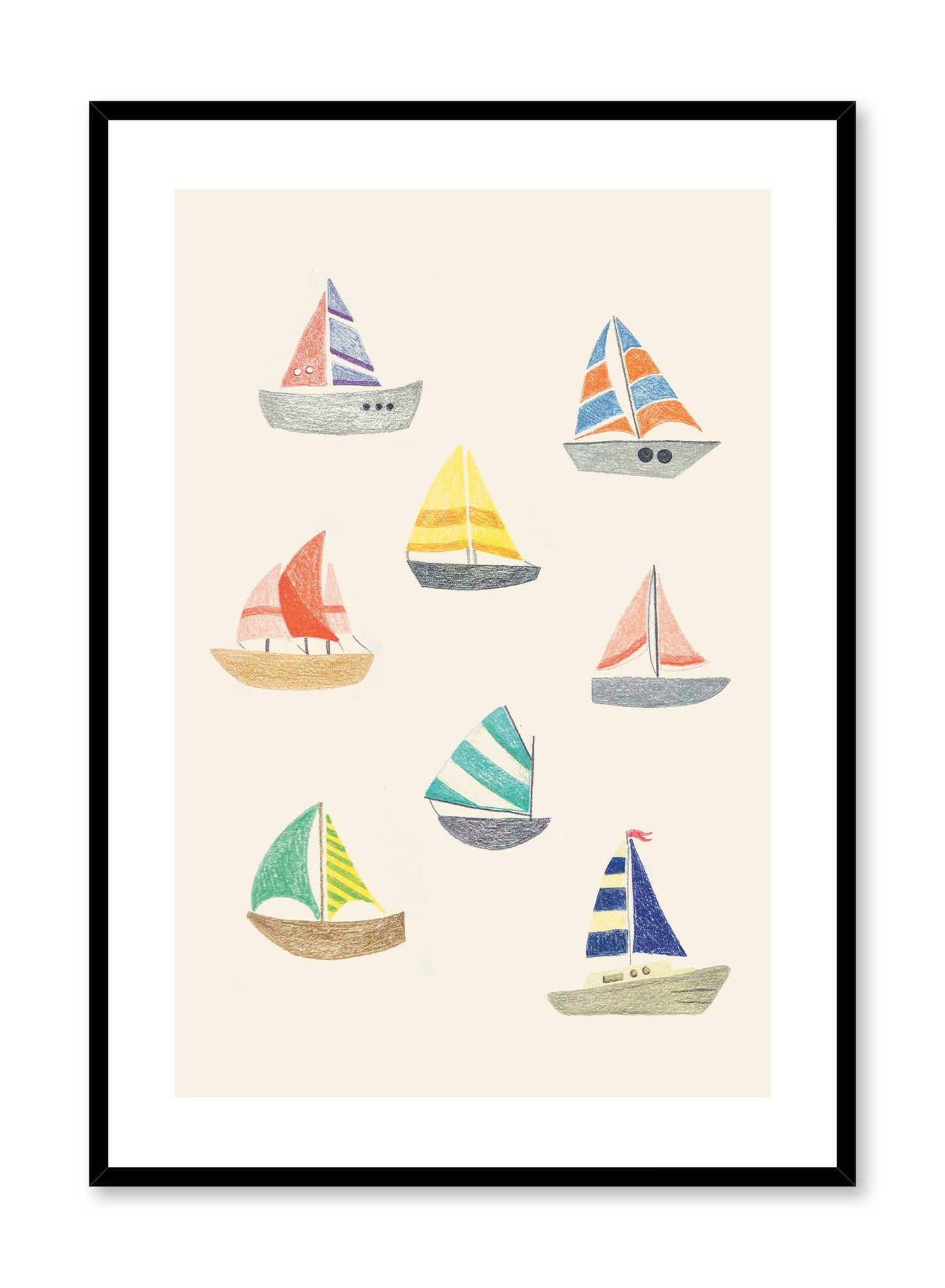 Ship Parade is a minimalist illustration of eight colourful and striped sailboats of different styles on a beige background by Opposite Wall.