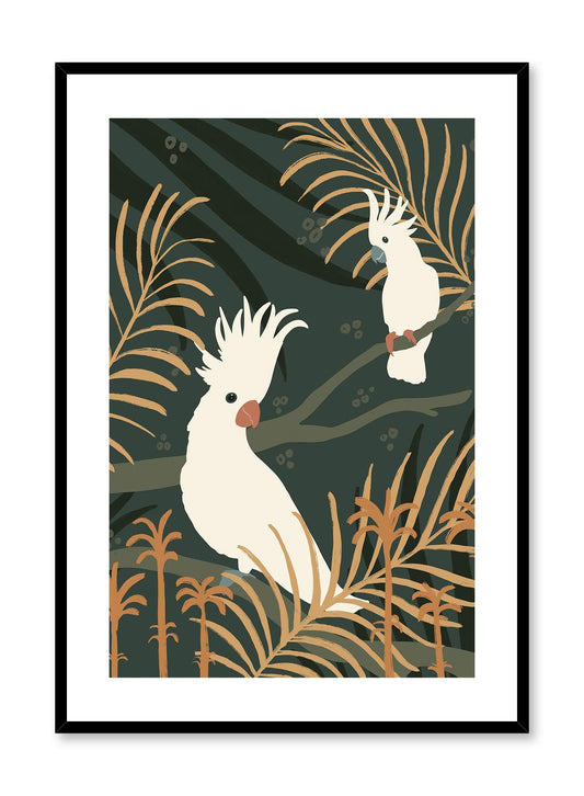 Cacatua is a minimalist illustration of two cacatuas standing on a branch in a captivating rainforest by Opposite Wall.