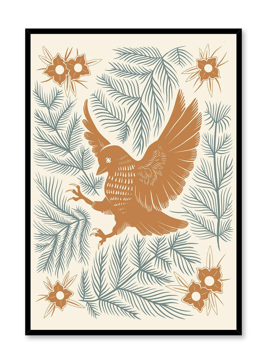 Raptor is a minimalist illustration of an orange peregrine falcon ready to grab its prey with its claws on a flora background by Opposite Wall.